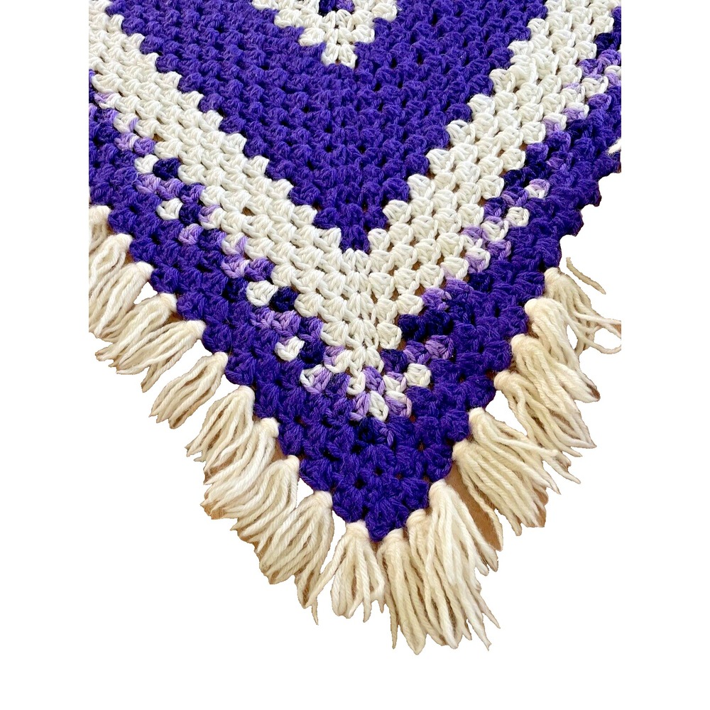 Handmade Crochet Blanket White and Purple Wool Blend Boho Cottage Square 60" - Picture 5 of 5